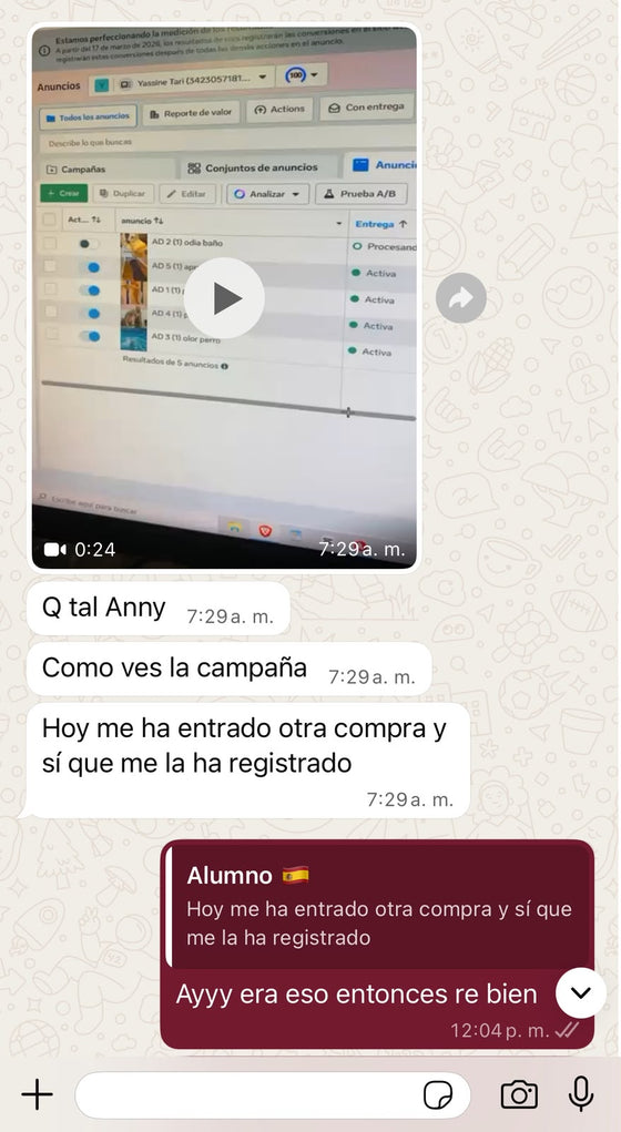 Captura de resultados de un alumno del curso de Ana
