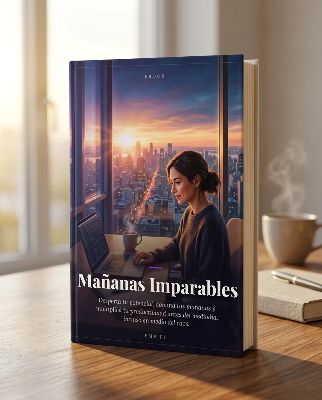 Ebook «Mañanas Imparables» creado con Empify, como libro físico sobre un escritorio